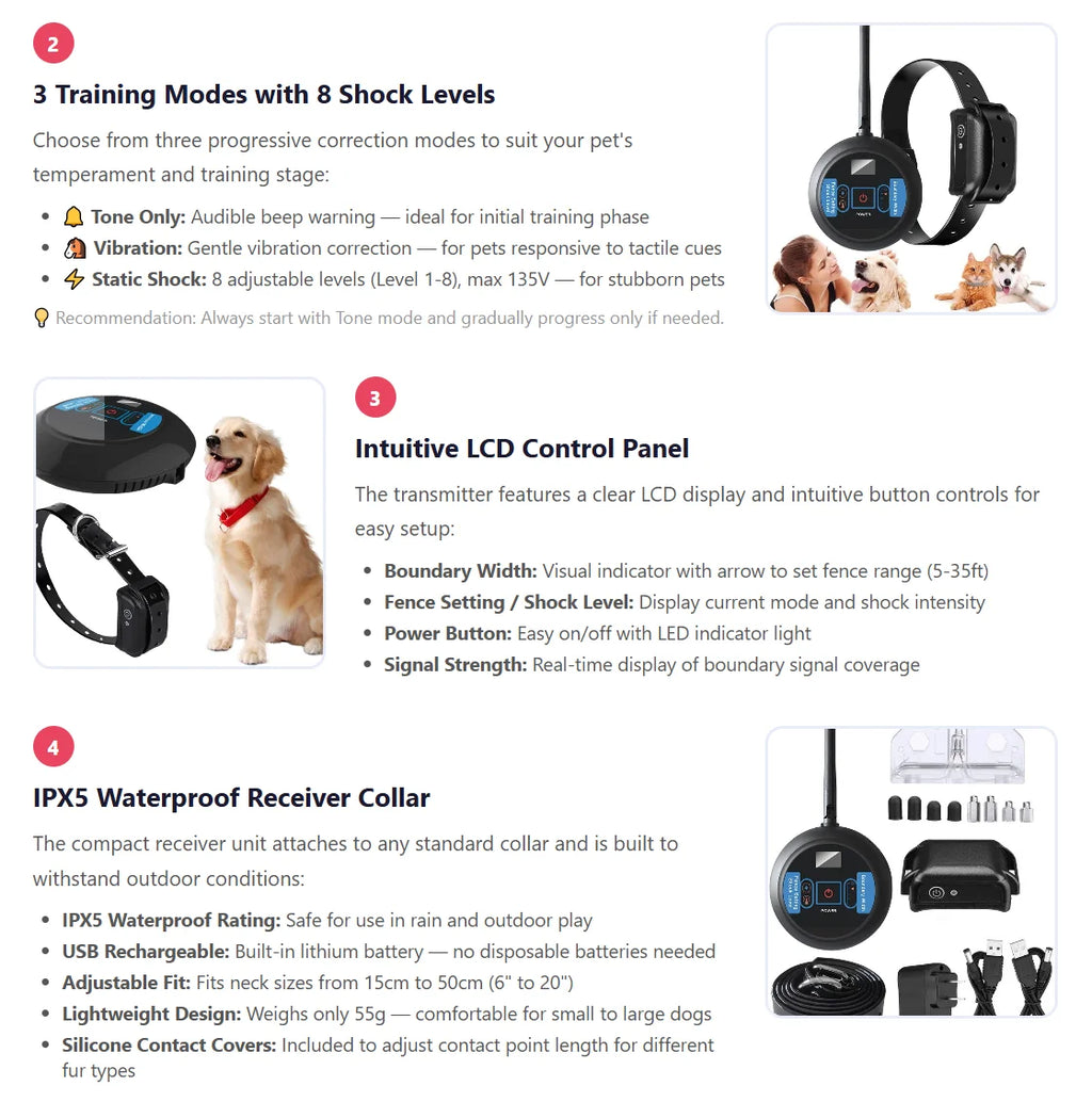 Wireless Containment System Pet Fence Boundary Electronic Shock Static Correction Training Electric Collar Outdoor Safety Perime