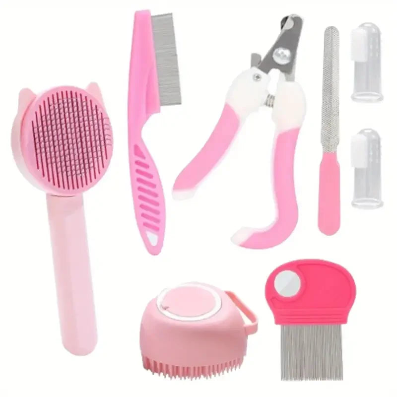 8Pcs Pet Grooming Kit - Nail Clipper Trimmer with Flea Comb & Detangling Brush Set for Dogs Cats, Grooming Tools