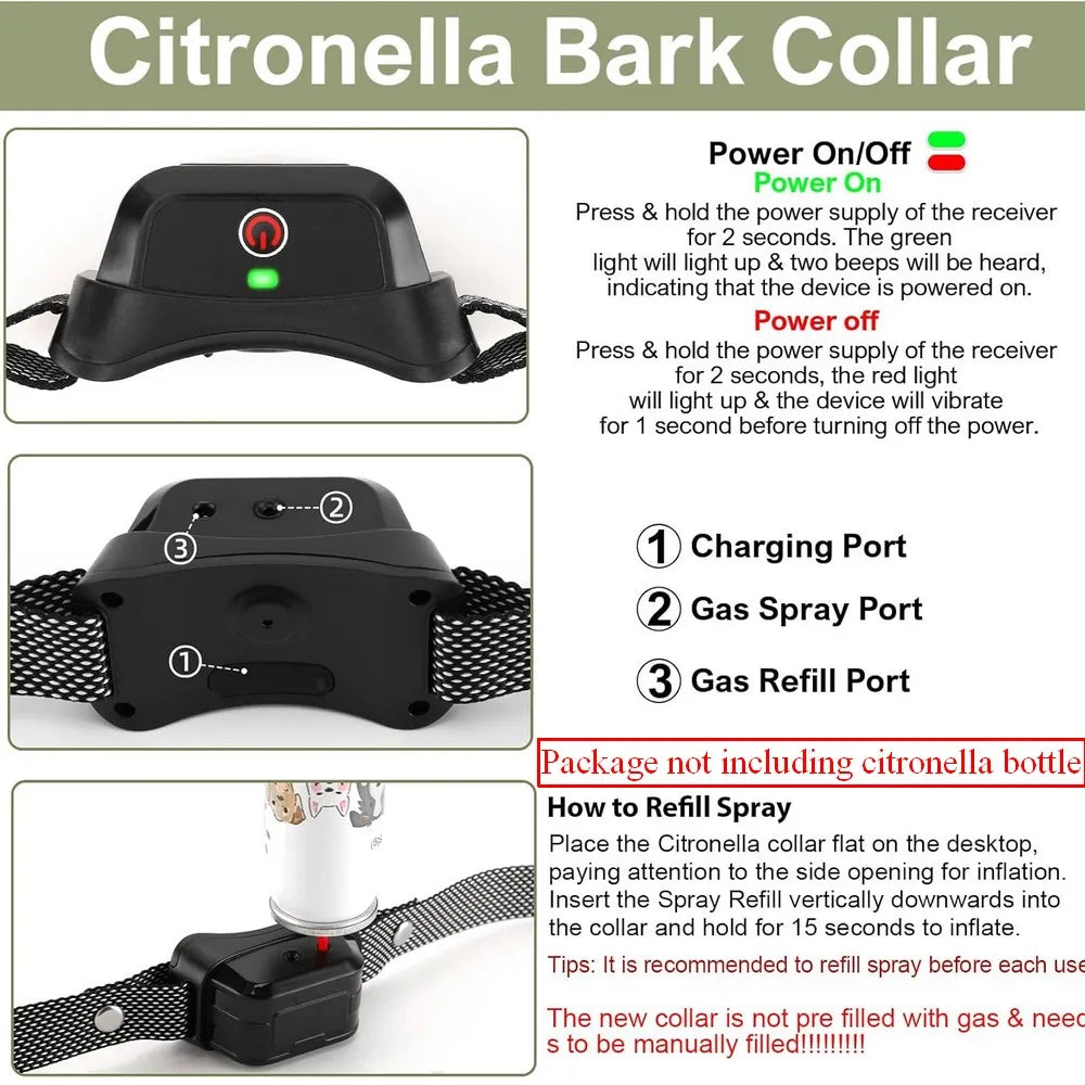Pet Remote Spray Training Collar Tone Vibration 6 Levels Adjustable Anti-Barking Professional Humanistic Trainer(No Refill Gas)